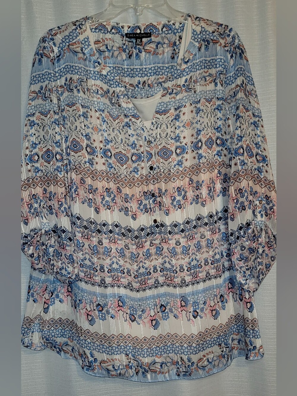 Sara Michelle Metalic Sheer Blue and Pink Printed Peasant Tunic